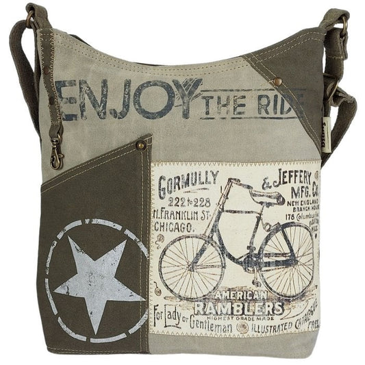 Sunsa Canvas Umhängetasche. Vintage Stil mit Fahrrad Motiv Crossbody Hobo. Vegane Tasche.