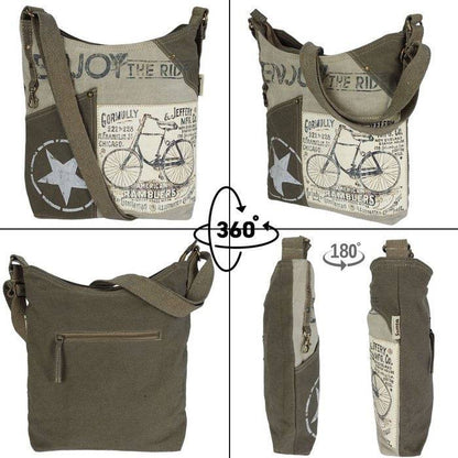 Sunsa Canvas Umhängetasche. Vintage Stil mit Fahrrad Motiv Crossbody Hobo. Vegane Tasche. - HOLE-X-WORLD