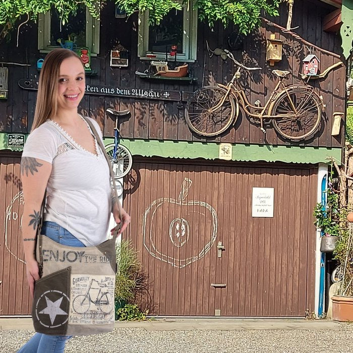 Sunsa Canvas Umhängetasche. Vintage Stil mit Fahrrad Motiv Crossbody Hobo. Vegane Tasche.