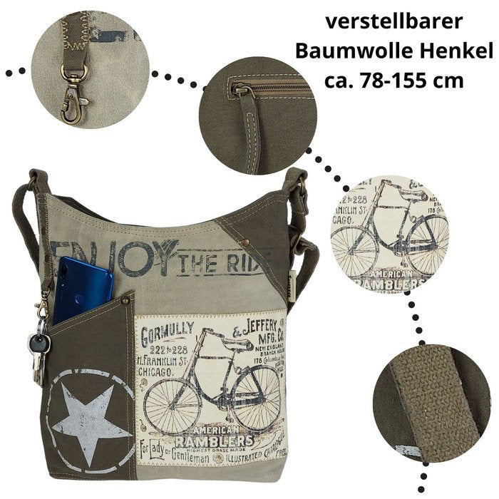 Sunsa Canvas Umhängetasche. Vintage Stil mit Fahrrad Motiv Crossbody Hobo. Vegane Tasche.