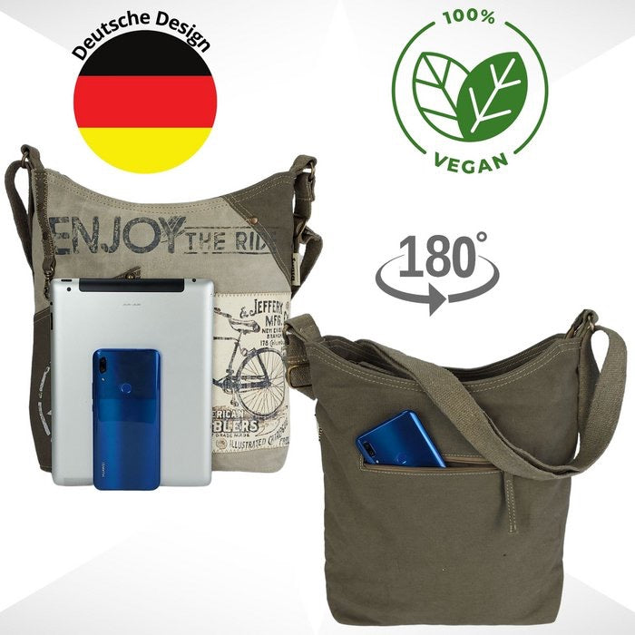 Sunsa Canvas Umhängetasche. Vintage Stil mit Fahrrad Motiv Crossbody Hobo. Vegane Tasche.