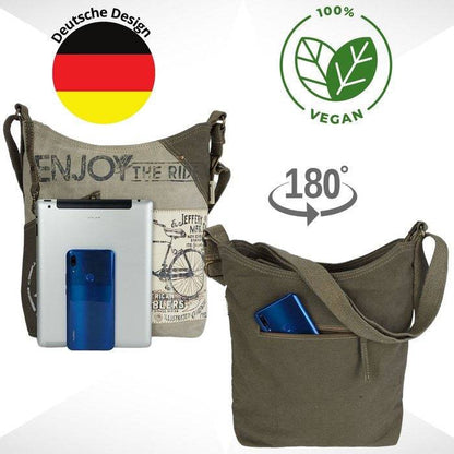 Sunsa Canvas Umhängetasche. Vintage Stil mit Fahrrad Motiv Crossbody Hobo. Vegane Tasche. - HOLE-X-WORLD