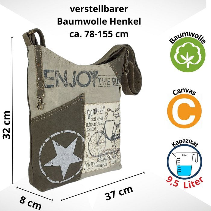 Sunsa Canvas Umhängetasche. Vintage Stil mit Fahrrad Motiv Crossbody Hobo. Vegane Tasche.