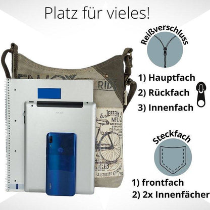 Sunsa Canvas Umhängetasche. Vintage Stil mit Fahrrad Motiv Crossbody Hobo. Vegane Tasche. - HOLE-X-WORLD