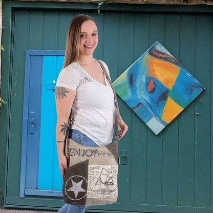 Sunsa Canvas Umhängetasche. Vintage Stil mit Fahrrad Motiv Crossbody Hobo. Vegane Tasche. - HOLE-X-WORLD