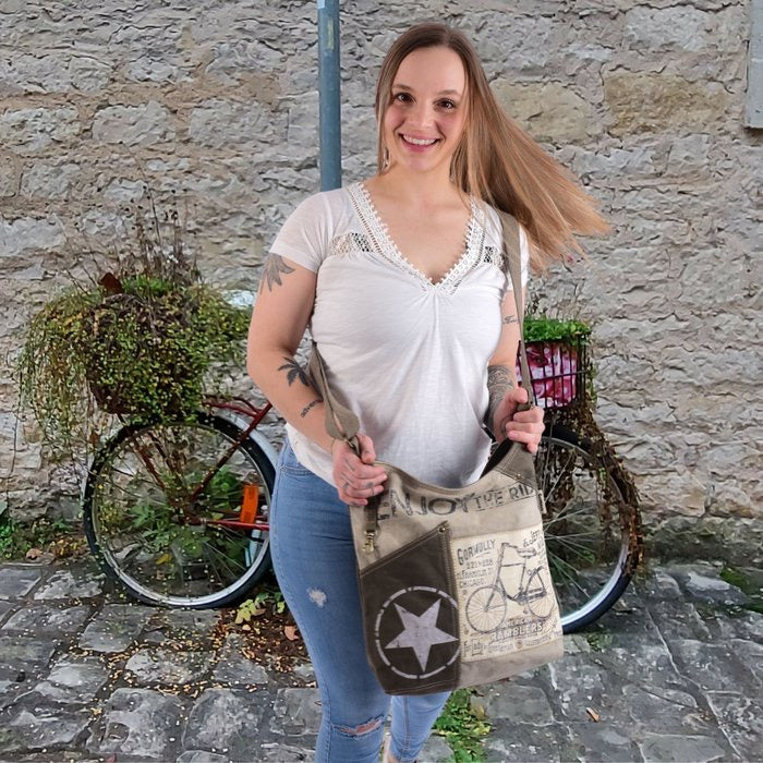 Sunsa Canvas Umhängetasche. Vintage Stil mit Fahrrad Motiv Crossbody Hobo. Vegane Tasche.