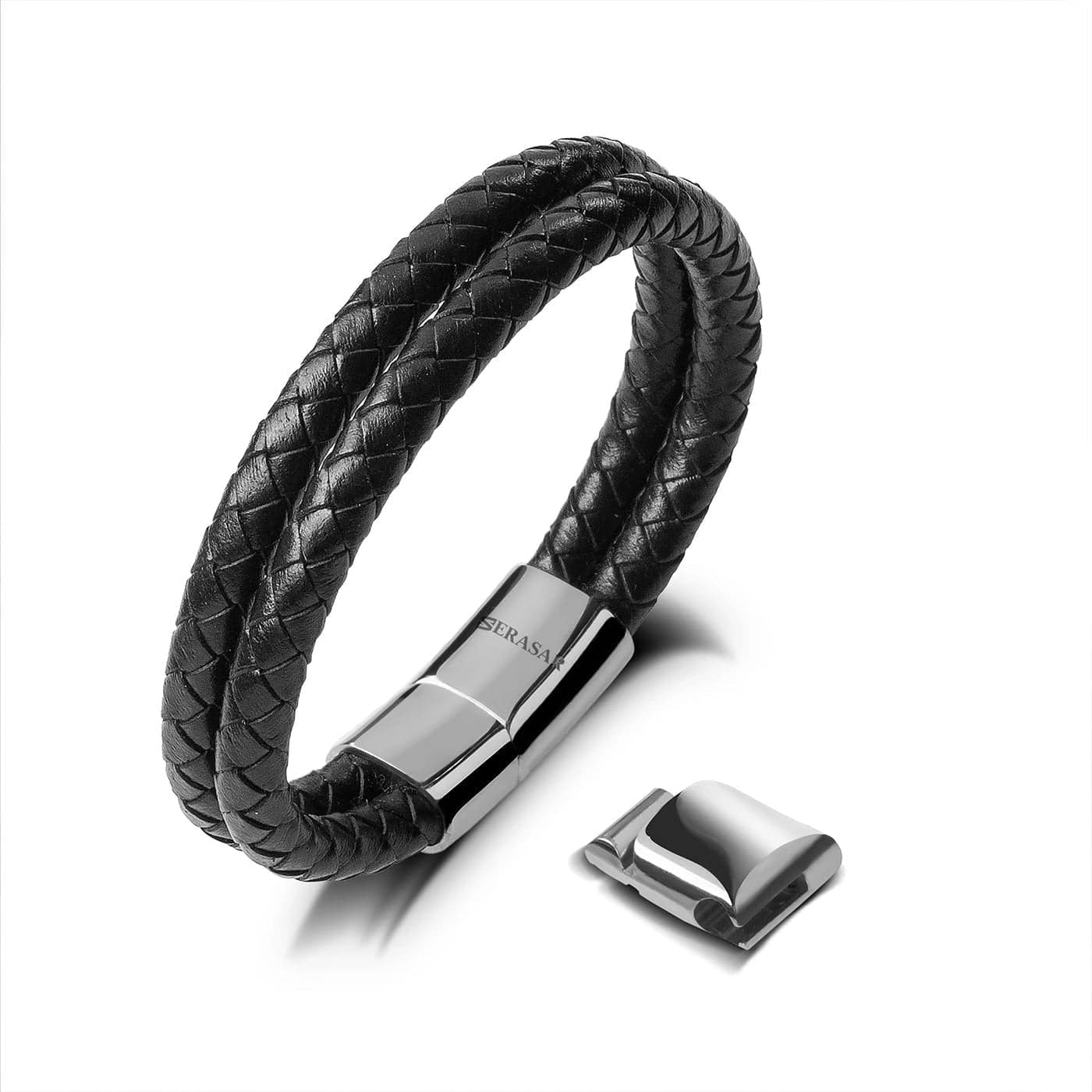 Lederarmband "Double" -Echtes Rindsleder, polierter Edelstahl (rostfrei) und ein starker Magnet-Verschluss - SILBER