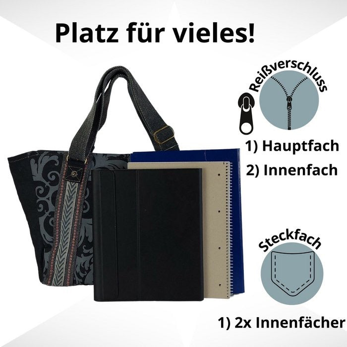 Sunsa Vegane Shopper schwarze Handtasche, Canvas Schultertasche mit verstellbaren Henkel