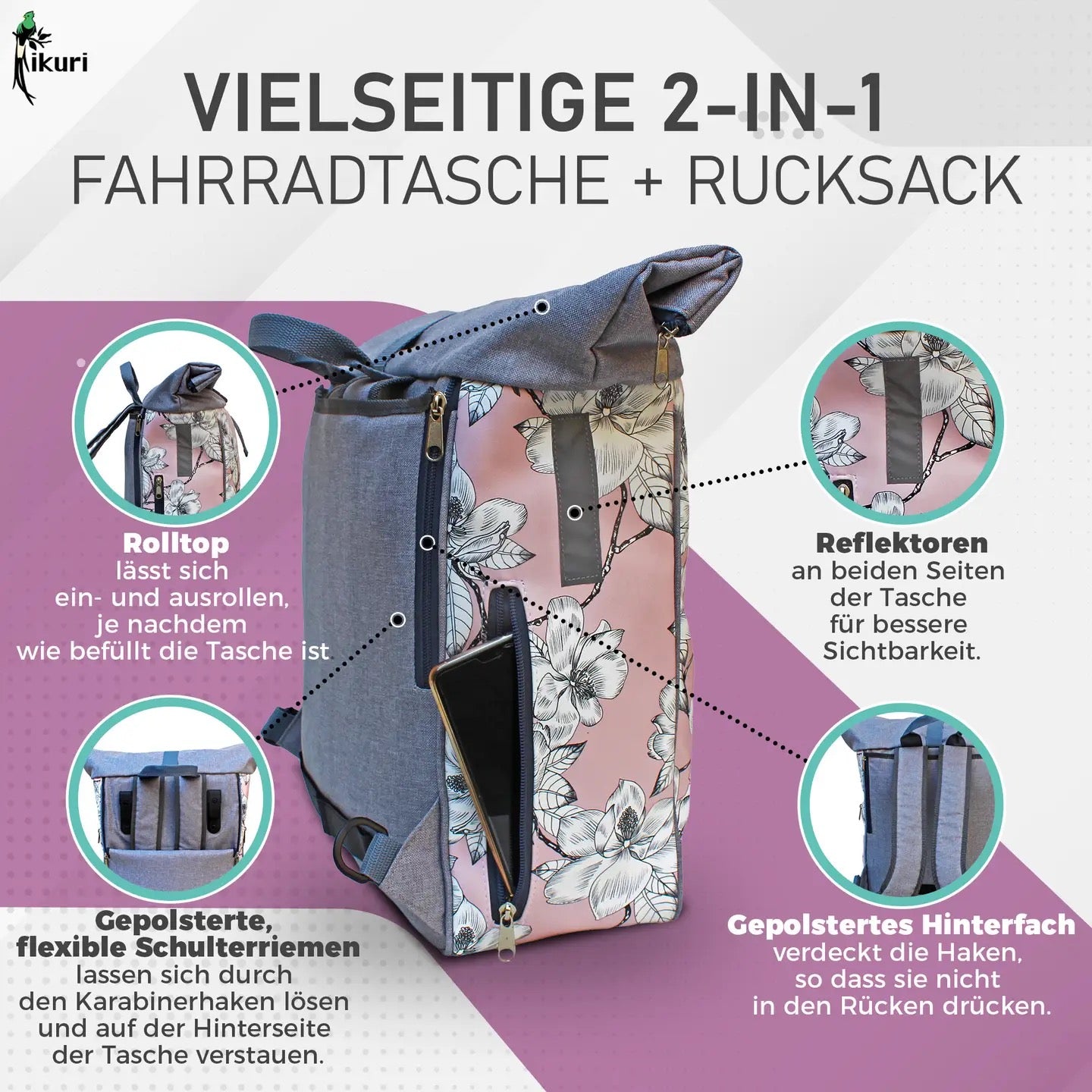 fahrradtasche magnolia KOMBI Fahrradtasche Rucksack Magnolia – wasserabweisend & handgefertigt