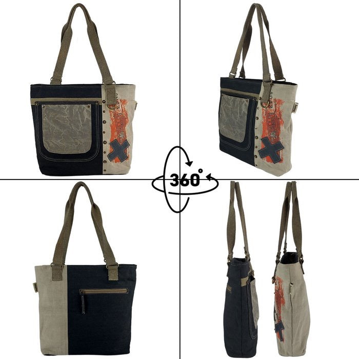 Sunsa Damen Handtasche. Schultertasche aus Canvas ( Segeltuch) & Leder. Tasche in Vintage Retro Stil. Große Shopper Damentasche als Weekender Bag.