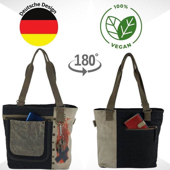 Sunsa Damen Handtasche. Schultertasche aus Canvas ( Segeltuch) & Leder. Tasche in Vintage Retro Stil. Große Shopper Damentasche als Weekender Bag.