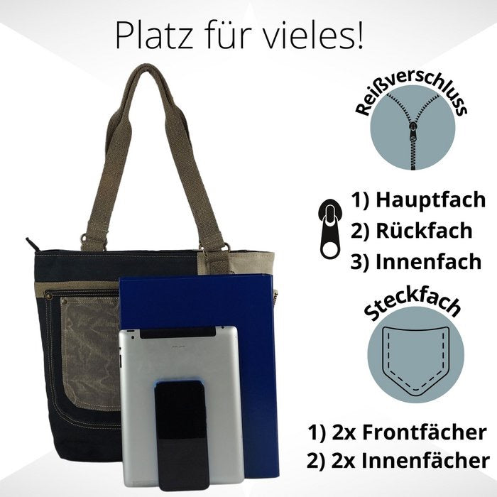 Sunsa Damen Handtasche. Schultertasche aus Canvas ( Segeltuch) & Leder. Tasche in Vintage Retro Stil. Große Shopper Damentasche als Weekender Bag.