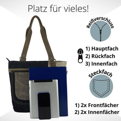 Sunsa Damen Handtasche. Schultertasche aus Canvas ( Segeltuch) & Leder. Tasche in Vintage Retro Stil. Große Shopper Damentasche als Weekender Bag. - HOLE-X-WORLD