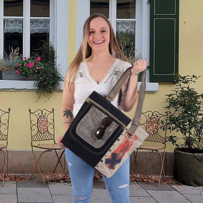 Sunsa Damen Handtasche. Schultertasche aus Canvas ( Segeltuch) & Leder. Tasche in Vintage Retro Stil. Große Shopper Damentasche als Weekender Bag.