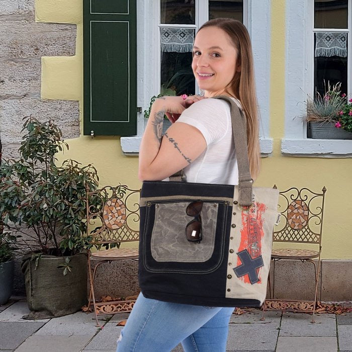 Sunsa Damen Handtasche. Schultertasche aus Canvas ( Segeltuch) & Leder. Tasche in Vintage Retro Stil. Große Shopper Damentasche als Weekender Bag.