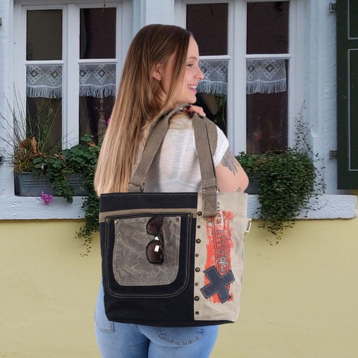 Sunsa Damen Handtasche. Schultertasche aus Canvas ( Segeltuch) & Leder. Tasche in Vintage Retro Stil. Große Shopper Damentasche als Weekender Bag.