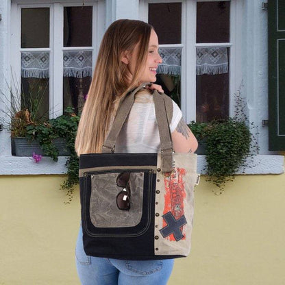 Sunsa Damen Handtasche. Schultertasche aus Canvas ( Segeltuch) & Leder. Tasche in Vintage Retro Stil. Große Shopper Damentasche als Weekender Bag. - HOLE-X-WORLD