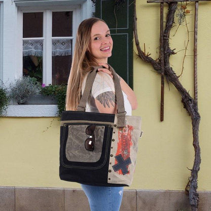 Sunsa Damen Handtasche. Schultertasche aus Canvas ( Segeltuch) & Leder. Tasche in Vintage Retro Stil. Große Shopper Damentasche als Weekender Bag. - HOLE-X-WORLD