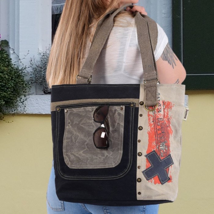 Sunsa Damen Handtasche. Schultertasche aus Canvas ( Segeltuch) & Leder. Tasche in Vintage Retro Stil. Große Shopper Damentasche als Weekender Bag.