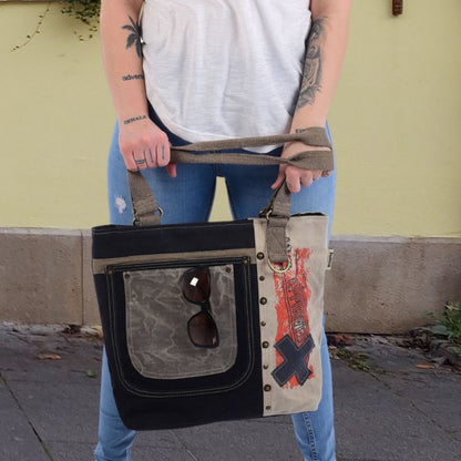 Sunsa Damen Handtasche. Schultertasche aus Canvas ( Segeltuch) & Leder. Tasche in Vintage Retro Stil. Große Shopper Damentasche als Weekender Bag. - HOLE-X-WORLD