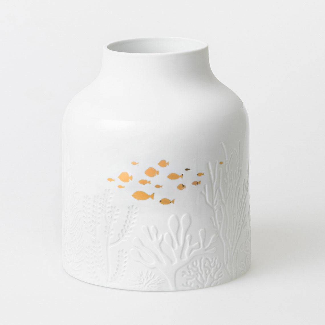 UNTERWASSERWELT Vase UNTERWASSERWELT von Räder-Design aus weißem und matten Porzellan mit goldenem Decal