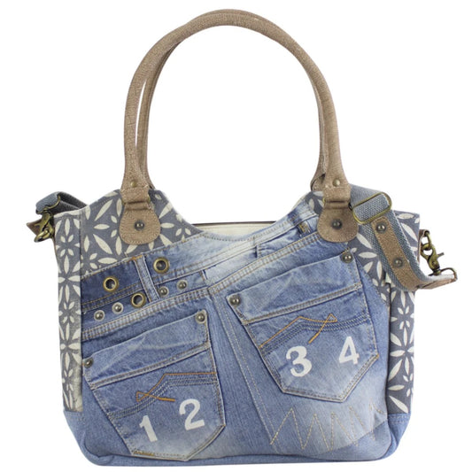 Sunsa Handtasche aus recycelter Jeans & Canvas. Nachhaltige große Schultertasche/ Shopper