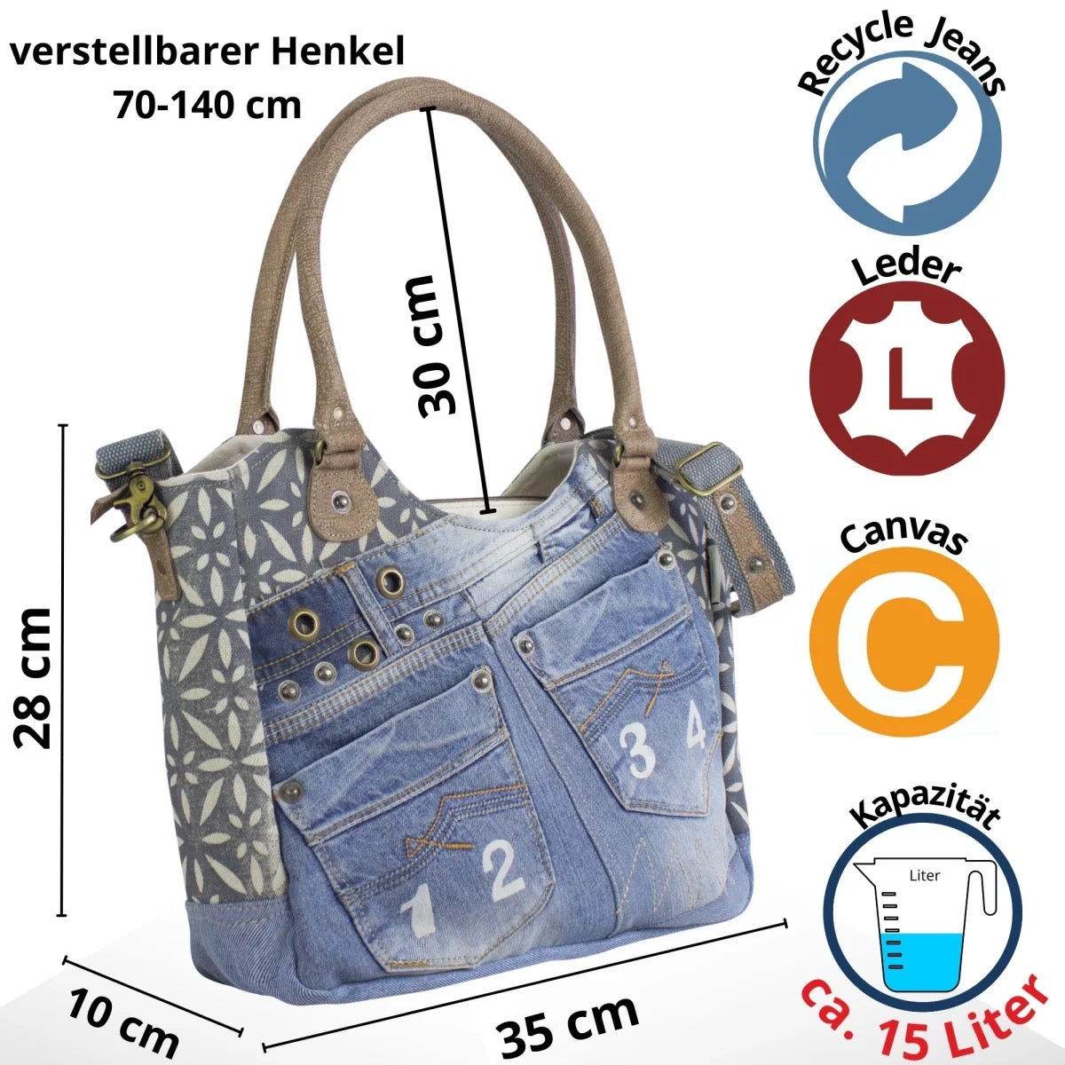 Sunsa Handtasche aus recycelter Jeans & Canvas. Nachhaltige große Schultertasche/ Shopper