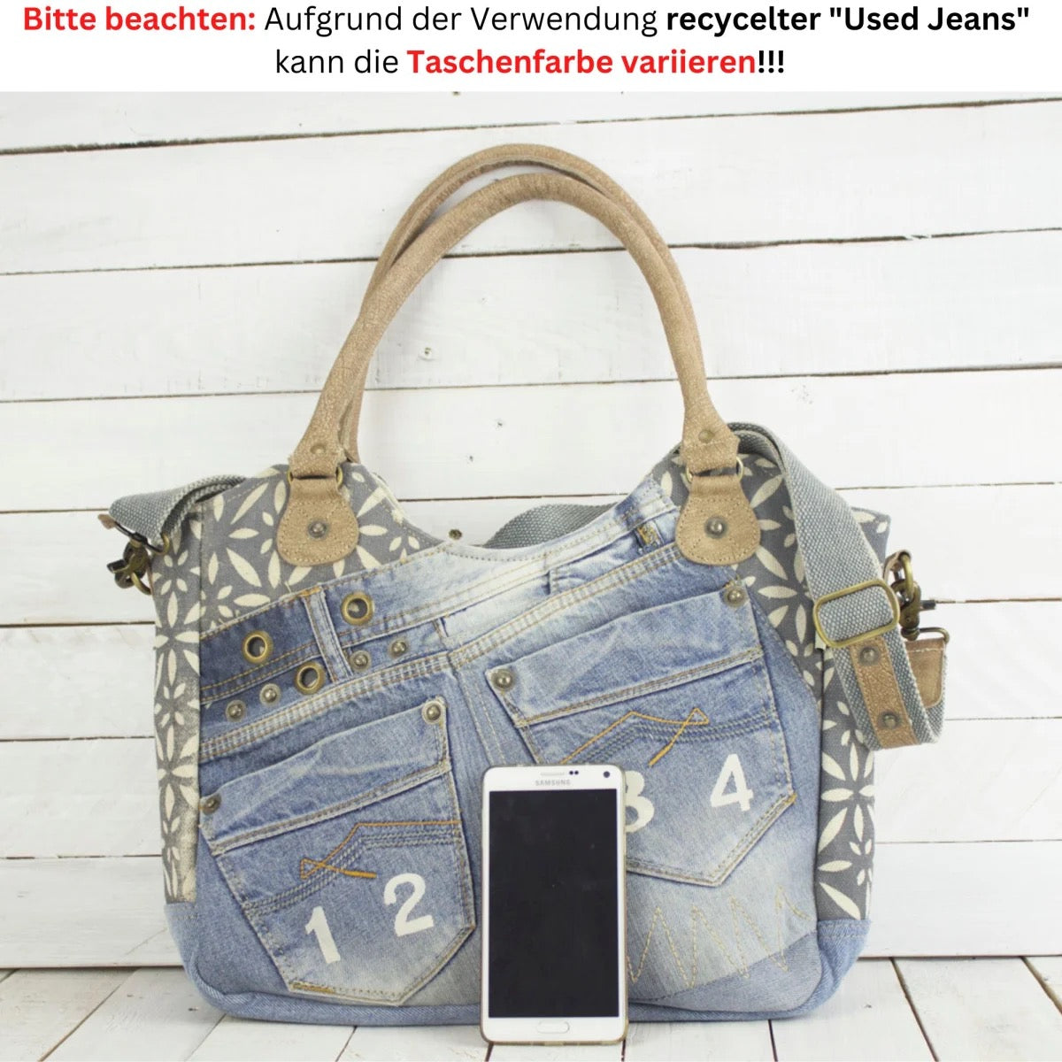 Sunsa Handtasche aus recycelter Jeans & Canvas. Nachhaltige große Schultertasche/ Shopper