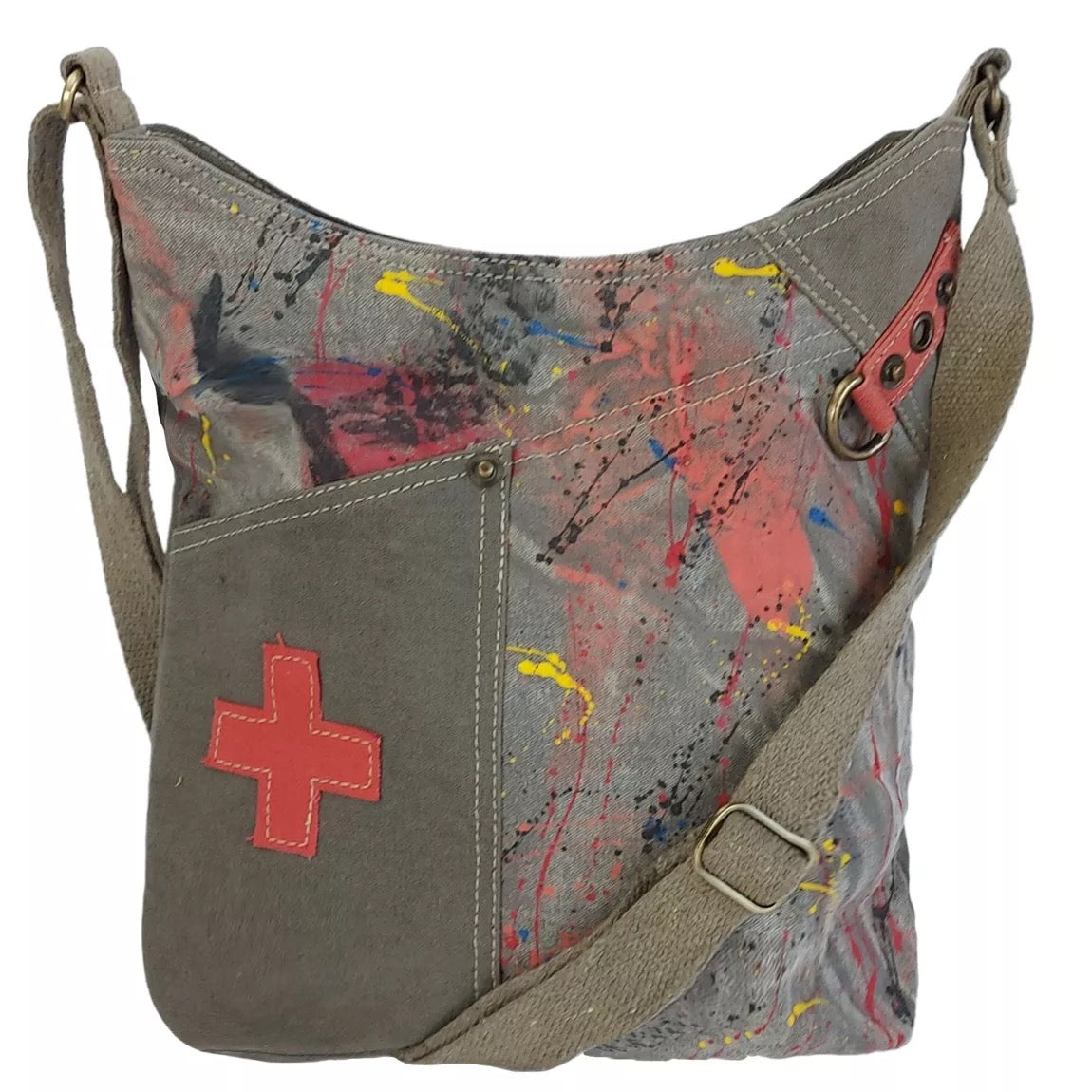 Sunsa Umhängetasche aus Canvas. Crossbody Hobo Tasche mit Abstrakt Design vegan