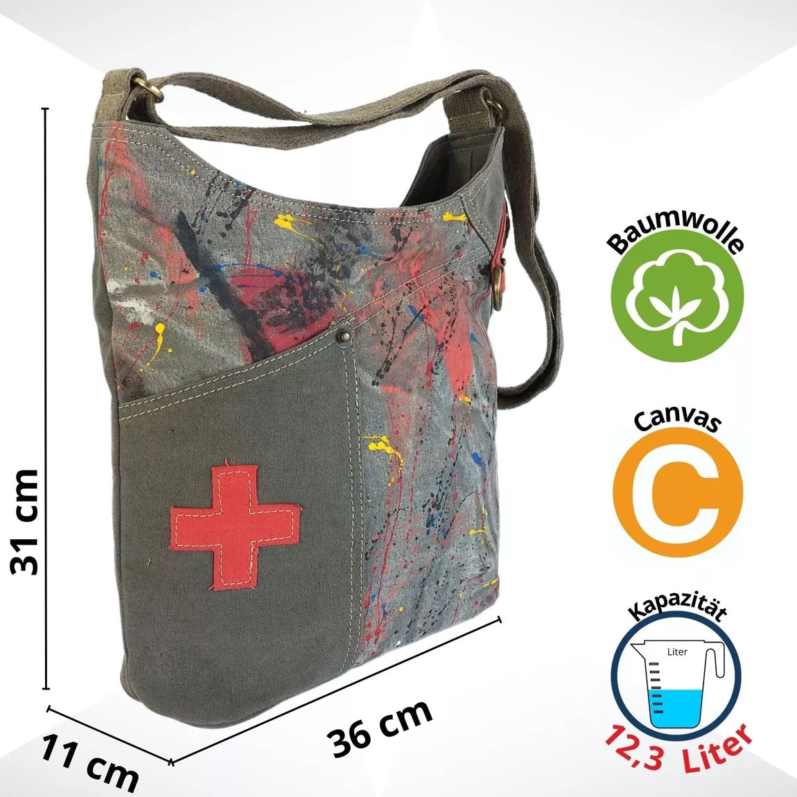 Sunsa Umhängetasche aus Canvas. Crossbody Hobo Tasche mit Abstrakt Design vegan