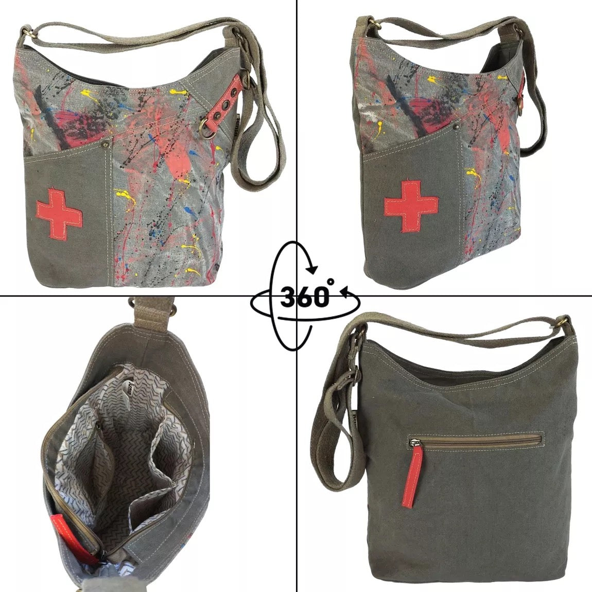 Sunsa Umhängetasche aus Canvas. Crossbody Hobo Tasche mit Abstrakt Design vegan