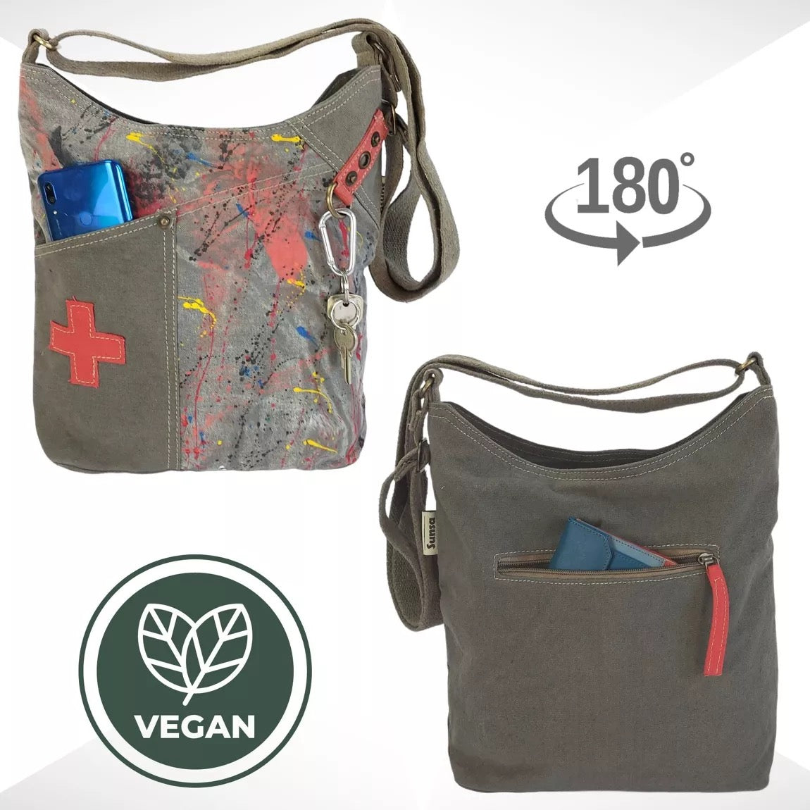 Sunsa Umhängetasche aus Canvas. Crossbody Hobo Tasche mit Abstrakt Design vegan