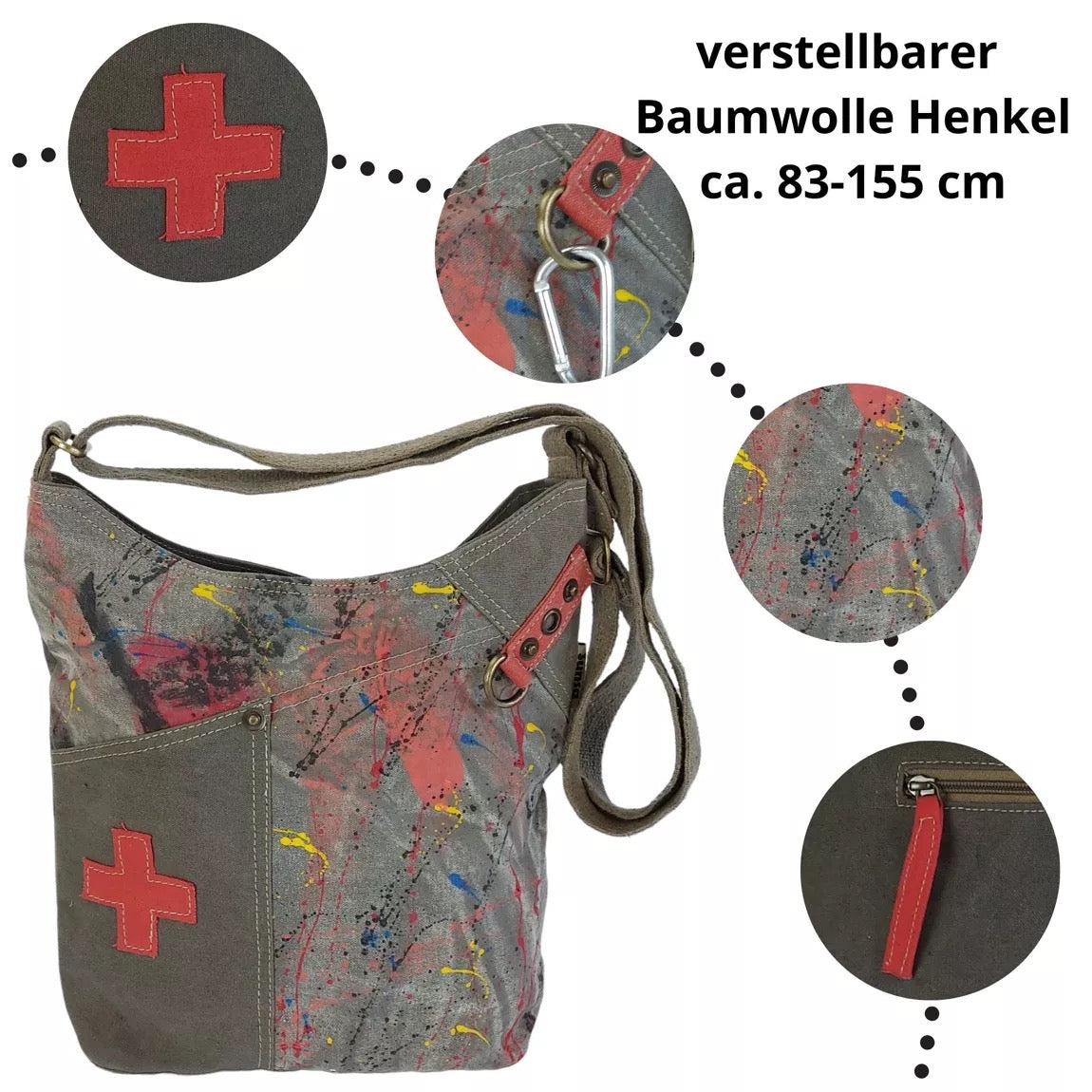 Sunsa Umhängetasche aus Canvas. Crossbody Hobo Tasche mit Abstrakt Design vegan