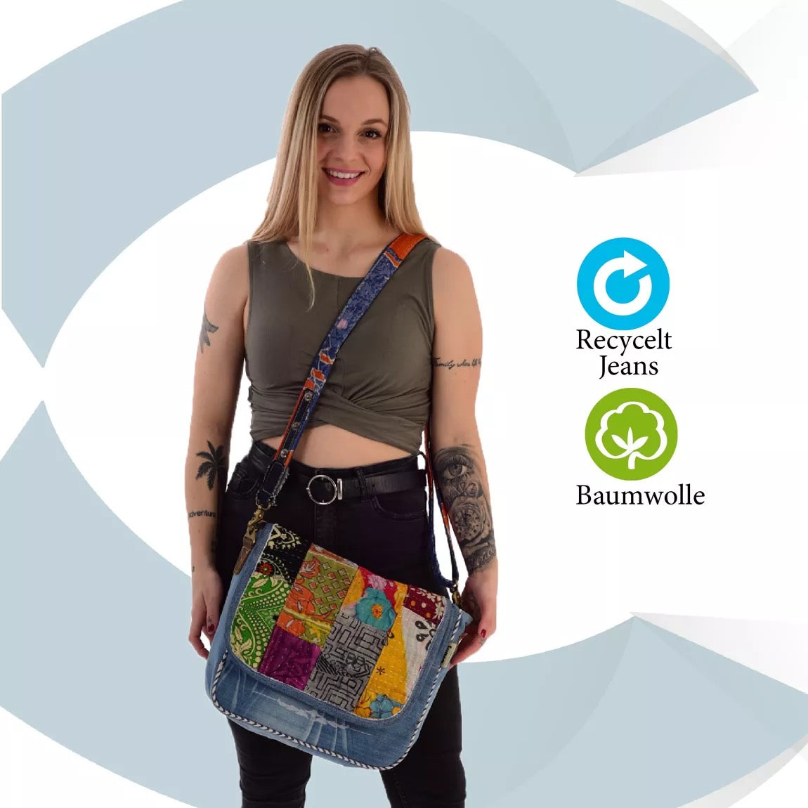 Sunsa Damen Messenger Tasche. Nachhaltige Umhängetasche aus recycelter Sari & Jeans