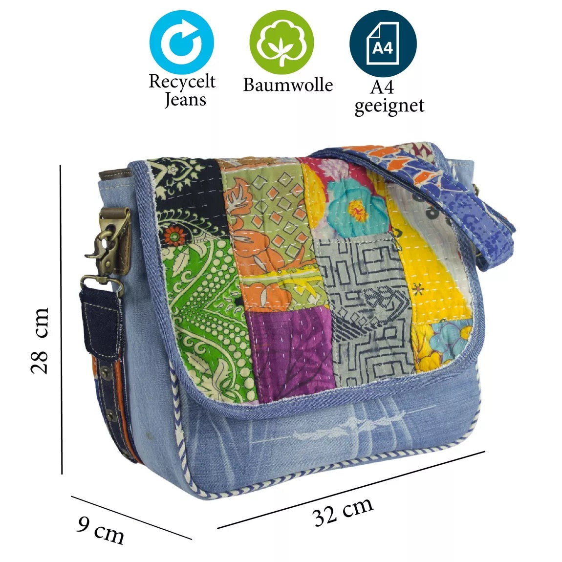 Sunsa Damen Messenger Tasche. Nachhaltige Umhängetasche aus recycelter Sari & Jeans