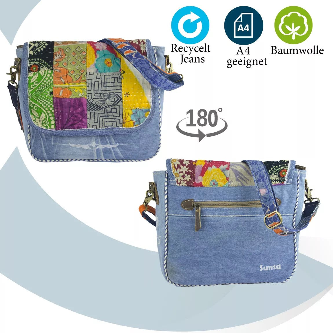 Sunsa Damen Messenger Tasche. Nachhaltige Umhängetasche aus recycelter Sari & Jeans