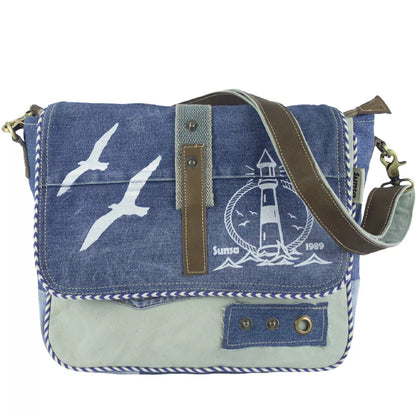 Sunsa Messenger Tasche aus recycelter Jeans & Canvas. Nachhaltige Umhängetasche mit Maritim-Motiv - HOLE-X-WORLD