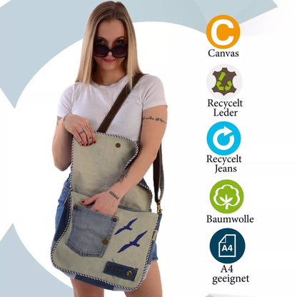 Sunsa Messenger Tasche aus recycelter Jeans & Canvas. Nachhaltige Umhängetasche mit Maritim-Motiv - HOLE-X-WORLD