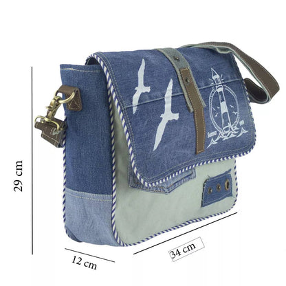 Sunsa Messenger Tasche aus recycelter Jeans & Canvas. Nachhaltige Umhängetasche mit Maritim-Motiv - HOLE-X-WORLD