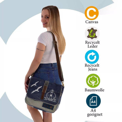 Sunsa Messenger Tasche aus recycelter Jeans & Canvas. Nachhaltige Umhängetasche mit Maritim-Motiv - HOLE-X-WORLD