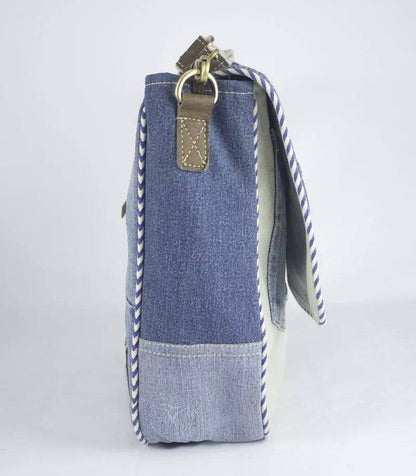Sunsa Messenger Tasche aus recycelter Jeans & Canvas. Nachhaltige Umhängetasche mit Maritim-Motiv - HOLE-X-WORLD