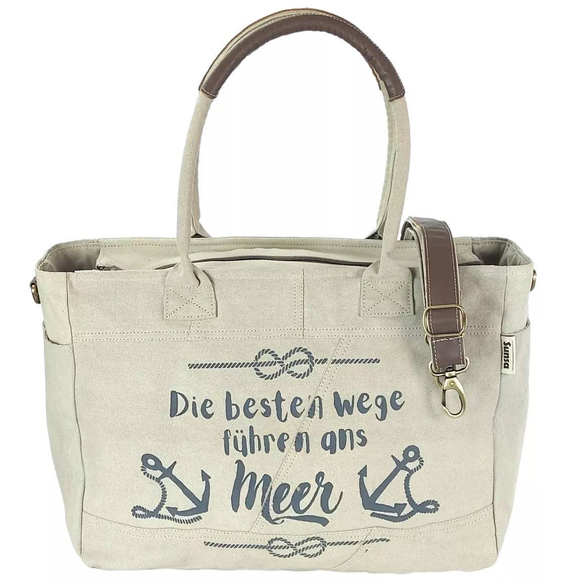 Sunsa Damen große Handtasche. XXL Tasche aus Canvas & Leder. Nachhaltige Strandtasche/Weekender imit Maritim Motiv. - HOLE-X-WORLD