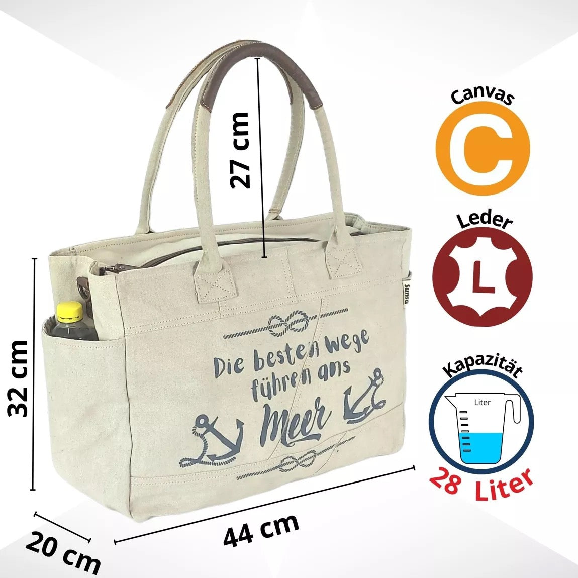 Sunsa Damen große Handtasche. XXL Tasche aus Canvas & Leder. Nachhaltige Strandtasche/Weekender imit Maritim Motiv. - HOLE-X-WORLD