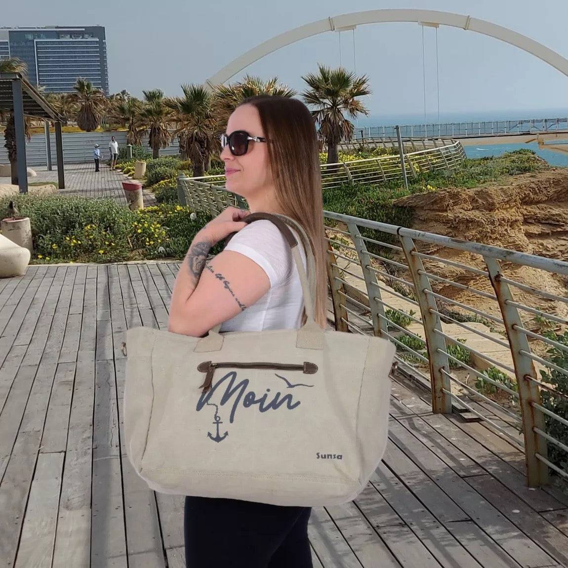 Sunsa Damen große Handtasche. XXL Tasche aus Canvas & Leder. Nachhaltige Strandtasche/Weekender imit Maritim Motiv. - HOLE-X-WORLD