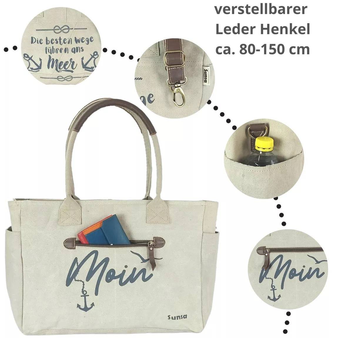 Sunsa Damen große Handtasche. XXL Tasche aus Canvas & Leder. Nachhaltige Strandtasche/Weekender imit Maritim Motiv. - HOLE-X-WORLD