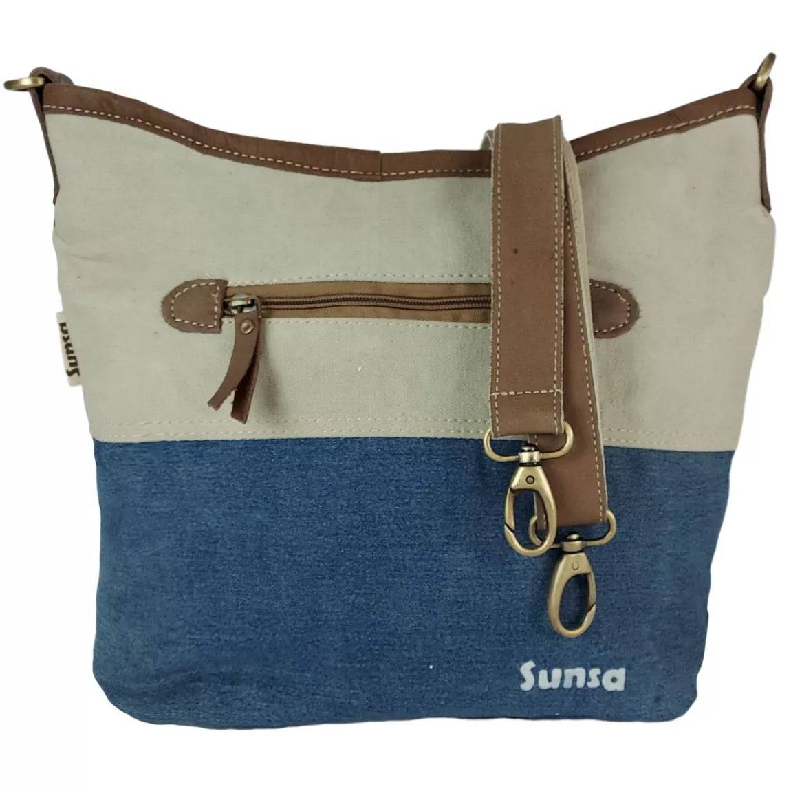 Sunsa kleine beige Canvas Tasche aus recycelter Jeans. Umhängetasche stone washed Schultertasche mit Maritim Motiv Leuchtturm - HOLE-X-WORLD