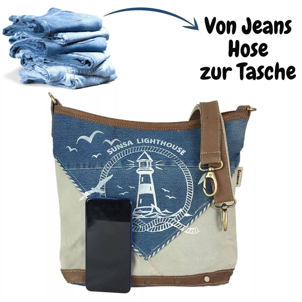 Sunsa kleine beige Canvas Tasche aus recycelter Jeans. Umhängetasche stone washed Schultertasche mit Maritim Motiv Leuchtturm - HOLE-X-WORLD