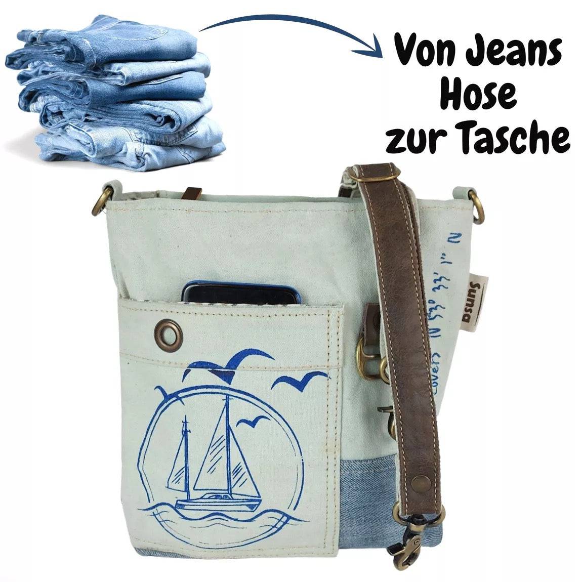 Sunsa Damen Tasche, Nachhaltig Umhängetasche aus recycelter Jeans & Canvas mit Maritim-Motiv Segelboot - HOLE-X-WORLD