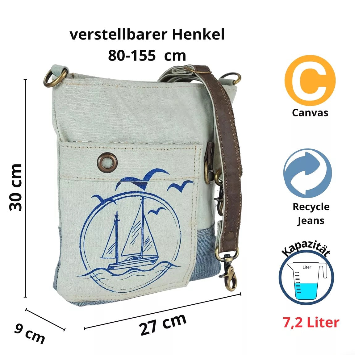 Sunsa Damen Tasche, Nachhaltig Umhängetasche aus recycelter Jeans & Canvas mit Maritim-Motiv Segelboot - HOLE-X-WORLD