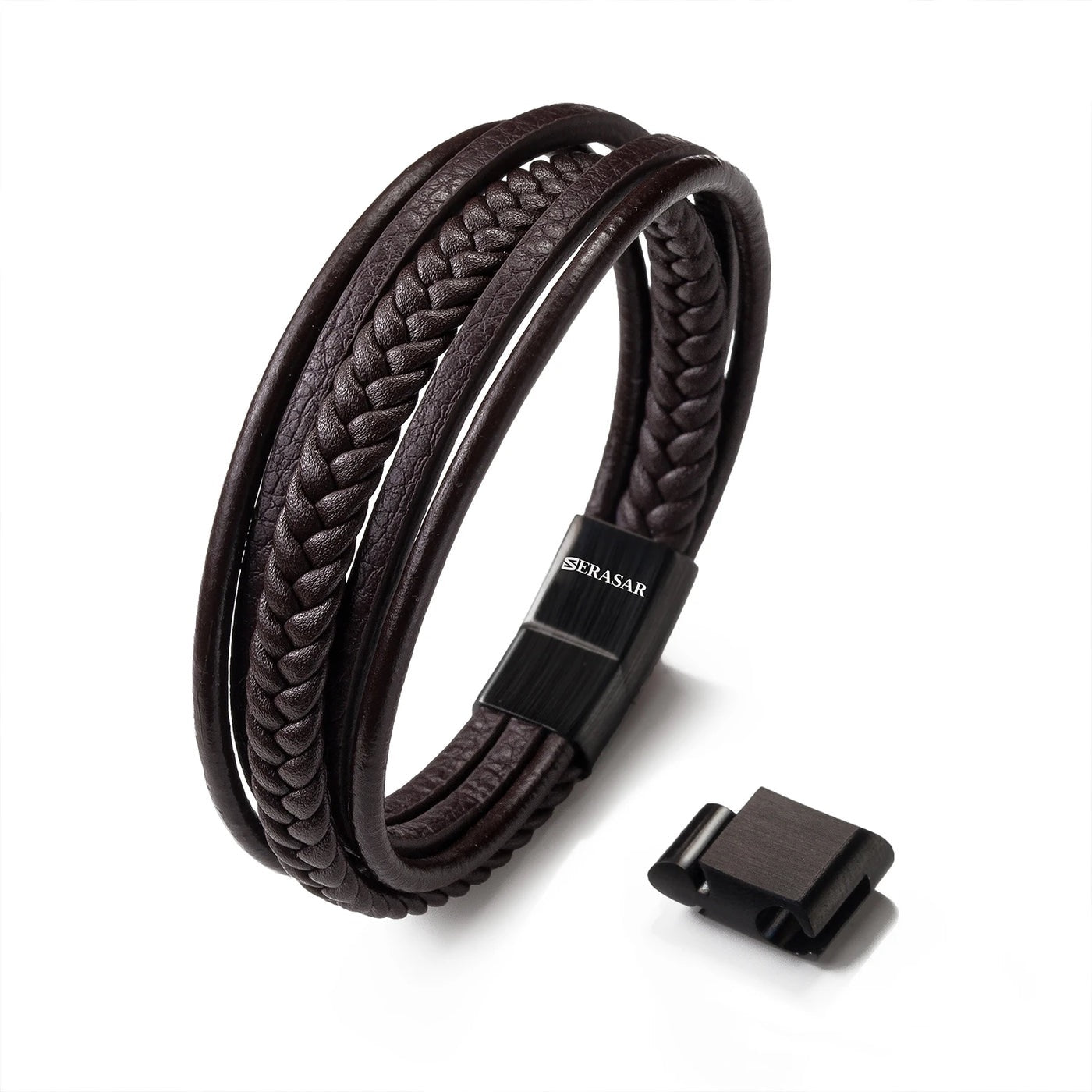 Lederarmband "Braid" - Echtes Rindsleder, gebürsteter Edelstahl (rostfrei) und ein starker Magnet-Verschluss - SCHWARZ